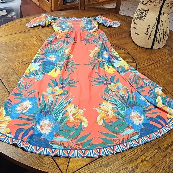 Jealous Tomato Maxi Dress Sm Floral Square Neck Flutter Sleeve Hi/Lo Smocked - Picture 6 of 6